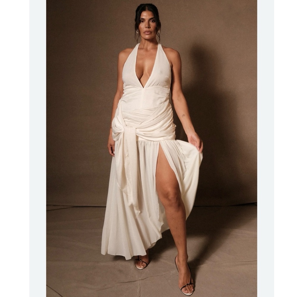 NWT! Meshki Graziana Satin Chiffon Plunge Maxi Dress - Picture 3 of 11